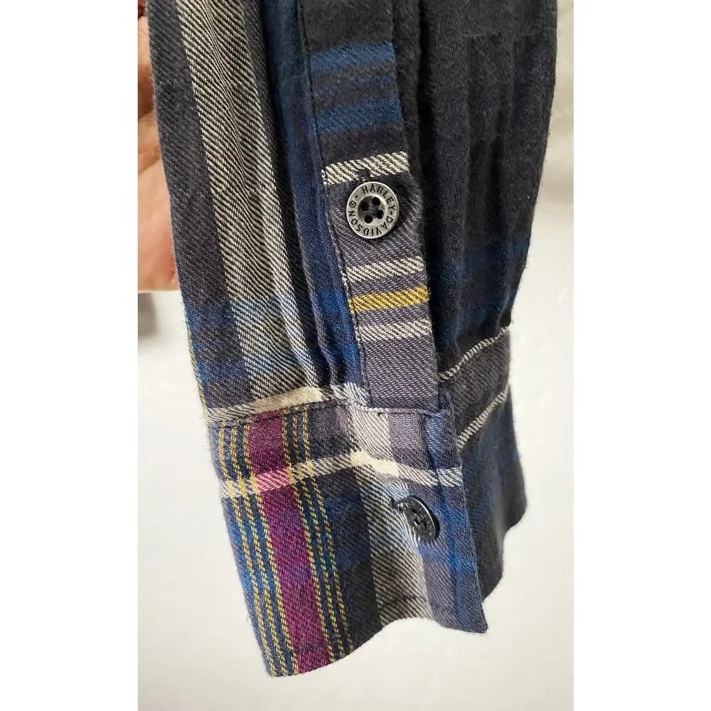 Harley Davidson Womens Blue Plaid Cotton Gauzy Long Sleeve Button Up Shirt Biker